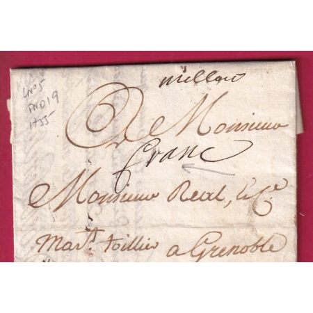 MARQUE FRANC PP DE MILLAU AVEYRON LENAIN N°5 INDICE 19 1755 POUR GRENOBLE ISERE LETTRE COVER FRANCE