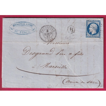 N°14 PC 3323 TAULIGNAN DROME BOITE RURALE B PEGUE POUR MARSEILLE LETTRE COVER FRANCE