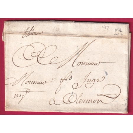 MARQUE MANUSCRIT THIERS PUY DE DOME LN°1 1759 INDICE 11 POUR CLERMONT FERRAND LETTRE COVER FRANCE