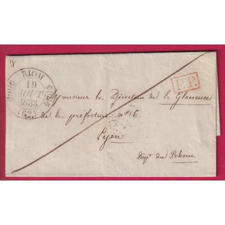 CAD TYPE 11 RIOM PUY DE DOME + PP ROUGE 1833 POUR LYON LETTRE COVER FRANCE