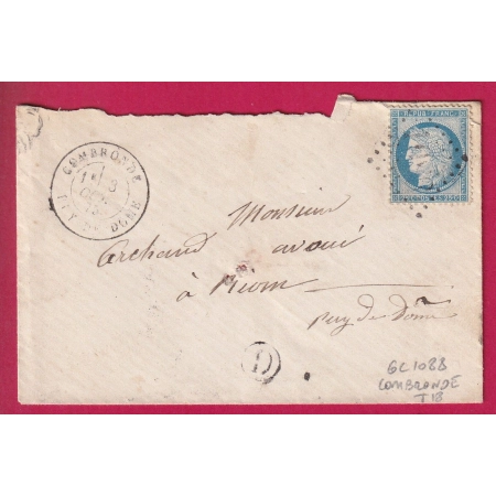 N°60 GC 1088 COMBRONDE PUY DE DOME CAD TYPE 18 TYPE 17BIS POUR RIOM LETTRE COVER FRANCE