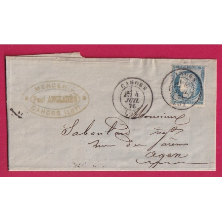 N°60 CAD TYPE 18 CAHORS LOT 1876 POUR AGEN LOT ET GARONNE LETTRE COVER FRANCE