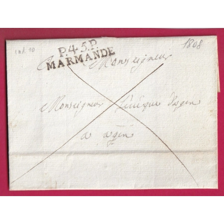 MARQUE P45P MARMANDE LOT ET GARONNE 1808 INDICE 10 POUR AGEN LETTRE COVER FRANCE