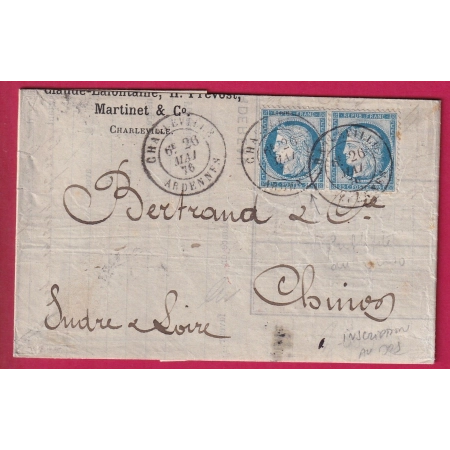 N°60 PAIRE INSCRIPTION AU DOS BANQUE LAFONTAINE CHARLEVILLE ARDENNES CAD TYPE 18 POUR CHINON INDRE ET LOIRE LETTRE
