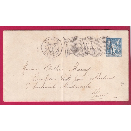 ENTIER 15C SAGE PARIS DEPART GRAND DRAPEAU OMBRE 1899 POUR ARTHUR MAURY MARCHAND TIMBRES LETTRE COVER FRANCE