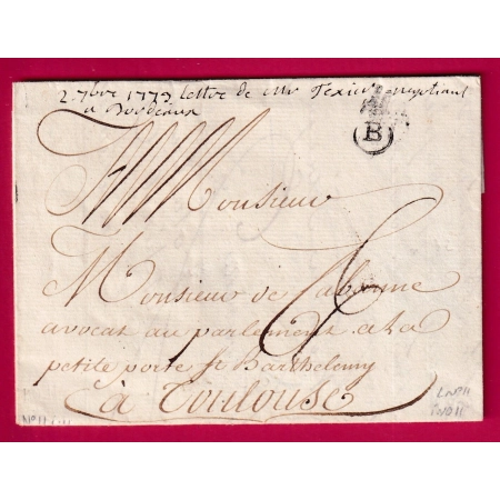 MARQUE B COURONNE BORDEAUX LENAIN N°11 INDICE 11 POUR TOULOUSE 1773 LETTRE COVER FRANCE