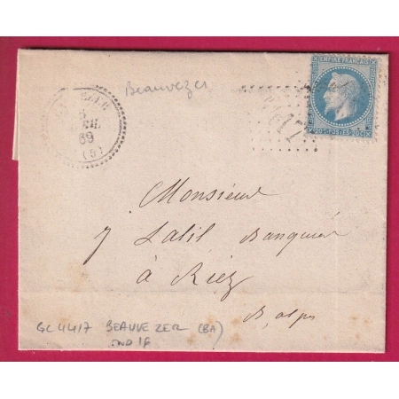 N°29 GC 4417 BEAUVEZER BASSES ALPES CAD TYPE 22 POUR RIEZ LETTRE COVER FRANCE