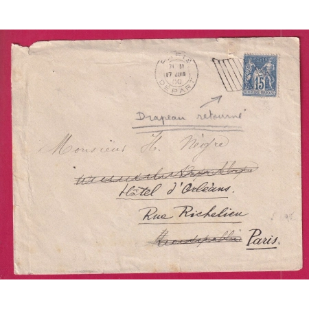 N°90 PARIS DEPART DRAPEAU RETOURNE POUR MONTPELLIER REEXP PARIS LETTRE COVER FRANCE