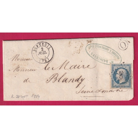 N°14 BLEU LAITEUX DU 2 JUILLET 1854 2EME JOUR DU TIMBRE PC 2879 SEPTEUIL SEINE ET OISE BOITE O ARNOUVILLE LETTRE FRANCE