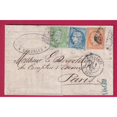 N°35 38 60 GC 532 BORDEAUX 1 FEVRIER 1872 POUR PARIS LETTRE COVER FRANCE
