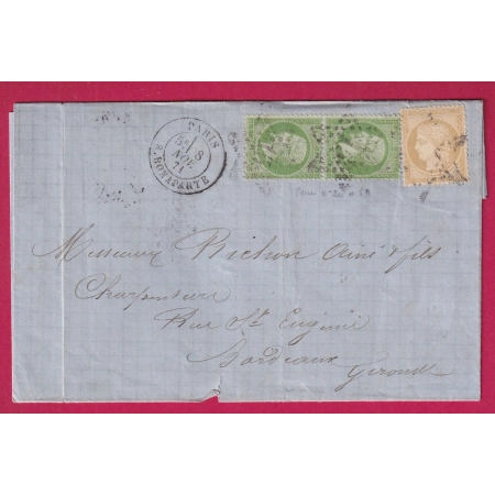 N°20 PAIRE N°59 PARIS ETOILE 15 R BONAPARTE POUR BORDEAUX 8 NOV 1871 LETTRE COVER FRANCE