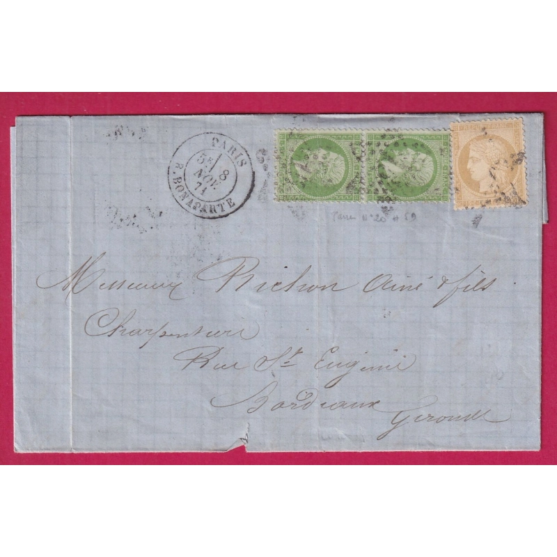 N°20 PAIRE N°59 PARIS ETOILE 15 R BONAPARTE POUR BORDEAUX 8 NOV 1871 LETTRE COVER FRANCE