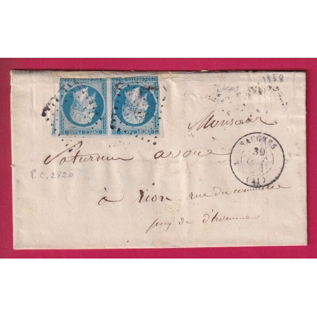 N°14 PAIRE PC 2820 SAUGUES HAUTE LOIRE POUR RIOMS PUY DE DOME LETTRE COVER FRANCE