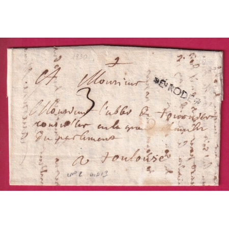 MARQUE DE RODEZ AVEYRON 1730 LENAIN N°2 INDICE 13 POUR TOULOUSE LETTRE COVER FRANCE