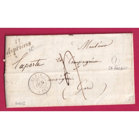 CURSIVE 11 ASPRIERES AVEYRON BOITE RURALE D LA FARGUE T15 AUBIN POUR AVIGNON 1847 LETTRE COVER FRANCE