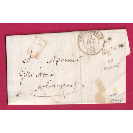 CURSIVE 22 ROYERE CREUSE 1847 + PP TAXE LOCALE 1 AU DOS BOURGANEUF LETTRE COVER FRANCE