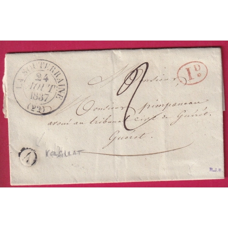 CAD TYPE 13 LA SOUTERRAINE 1837 BOITE RURALE VERSILLAT + DECIME RURAL POUR GUERET LETTRE COVER FRANCE