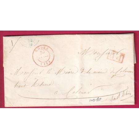 CAD TYPE 15 RODEZ AVEYRON EN ROUGE + PP POUR COLMAR HAUT RHIN 1845 VIA PARIS INDICE 10 LETTRE COVER FRANCE
