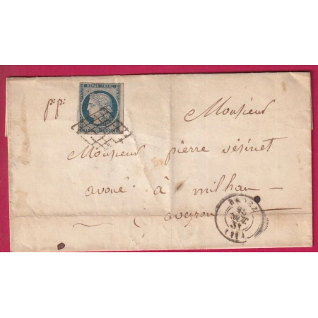 N°4 GRILLE RODEZ AVEYRON POUR MILLAU 1851 LETTRE COVER FRANCE