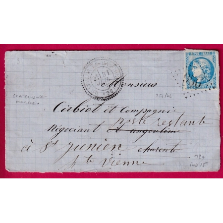N°46B CAD TYPE 24 CHATELUS LE MARCHEIX CREUSE CAD TYPE 24 DEVANT DE LETTRE INDICE 15 LETTRE COVER FRANCE