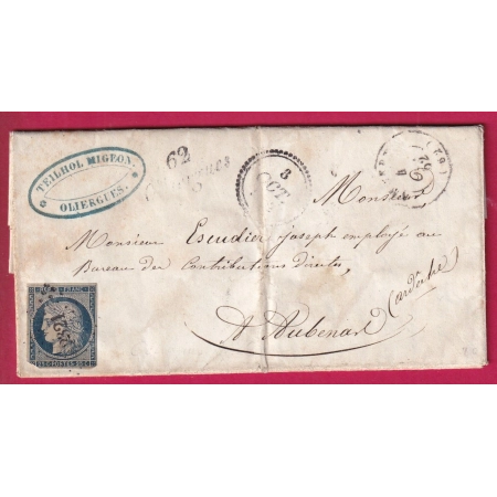 N°4 PC 2321 + CURSIVE 62 OLLIERGUES PUY DE DOME POUR AUBENAS ARDECHE DATEUR B 1852 LETTRE COVER FRANCE