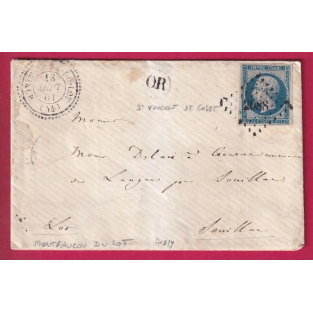 N°14 PC 2088 MONTFAUCON DU LOT CAD TYPE 22 + OR ST VINCENT DE COSSE POUR SOUILLAC LETTRE COVER FRANCE