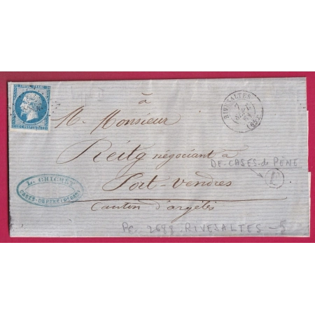 N°14 PC 2688 RIVESALTES PYRENEES ORIENTALES BOITE RURALE E CASES DE PENE POUR PORT VENDRES LETTRE COVER FRANCE