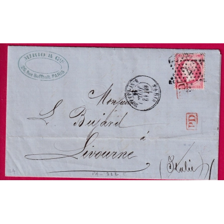 N°24 PARIS ETOILE 2 + RECTANGLE PD ROUGE R ST LAZARE POUR LIVOURNE ITALIE 1866 LETTRE COVER FRANCE