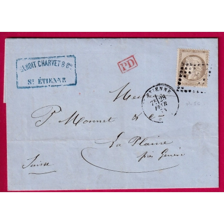N°56 GC ST ETIENNE LOIRE POUR LA PLAINE GENEVE SUISSE 1874 LETTRE COVER FRANCE