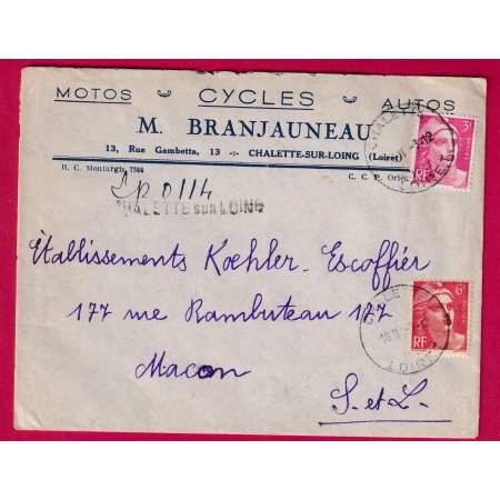 N°716 721 RECOMMANDE PROVISOIRE HOROPLAN CHALETTE SUR LOING ENVELOPPE MARCHAND AUTO MOTO CYCLES LETTRE COVER FRANCE