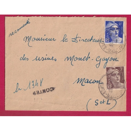 N°715 720 RECOMMANDE PROVISOIRE CONTES ALPES MARITIMES 1946 GANDON POUR MACON LETTRE COVER FRANCE