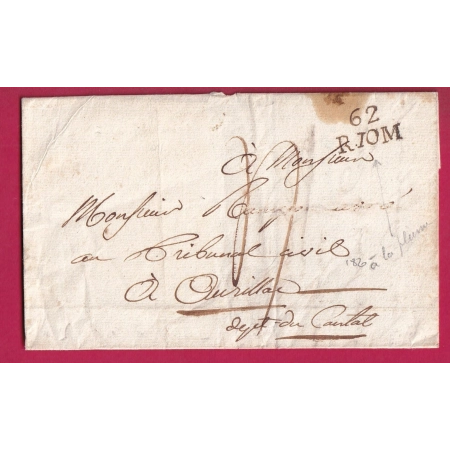 MARQUE MANUSCRIT 62 RIOM PUY DE DOME A LA PLUME 1820 POUR AURILLAC CANTAL LETTRE COVER FRANCE