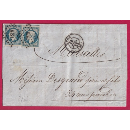 N°10 X2 PC 1818 LYON RHONE POUR MARSEILLE 14 JUILLET 1853 LETTRE COVER FRANCE