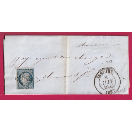 N°4 PC 1558 ISSOIRE PUY DE DOME CAD TYPE 13 1852 POUR CLERMONT FERRAND INDICE 16 LETTRE COVER FRANCE