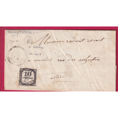 TIMBRE TAXE N°2 CAD TYPE 22 BESSAY SUR ALLIER BOITE RURALE A ST GERAND RARE PERIODE PC T15 MOULINS SUR TIMBRE LETTRE