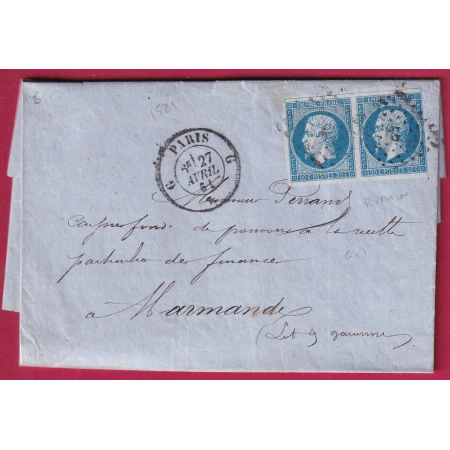 N°14 PAIRE PARIS BUREAU G LOSANGE ROMAIN POUR MARMANDE LOT ET GARONNE LETTRE COVER FRANCE