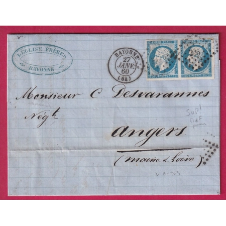 N°14 PAIRE TTB PC 295 BAYONNE BASSES ALPES POUR ANGERS MAINE ET LOIRE LETTRE COVER FRANCE