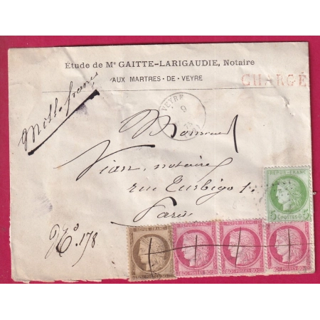 N°53 56 57 BANDE DE 3 GC 3549 VEYRE PUY DE DOME CAD TYPE 16 + ANNULATION PLUME DEPART MARTRES DE VEYRE LETTRE