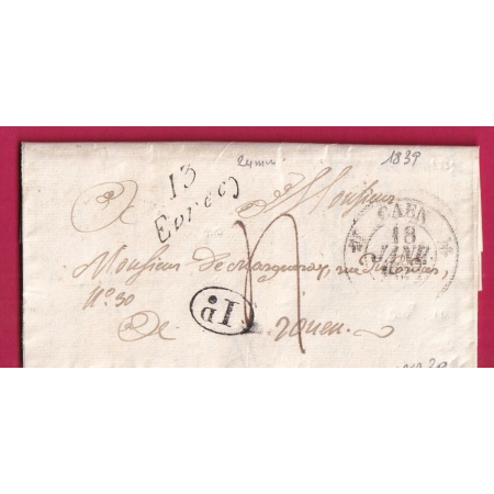 CURSIVE 13 EVRECY CALVADOS 24mm 1839 T12 CAEN DECIME RURAL 1839 RARE INDICE 20 LETTRE COVER FRANCE