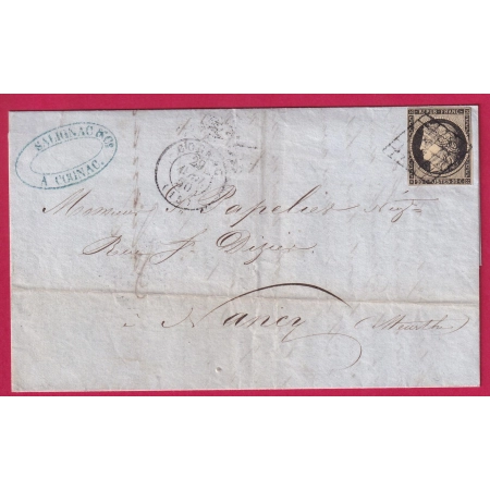N°3 GRILLE COGNAC CHARENTE 1850 POUR NANCY MEURTHE ET MOSELLE AMBULANT ROUTE PARIS AU DOS LETTRE COVER FRANCE