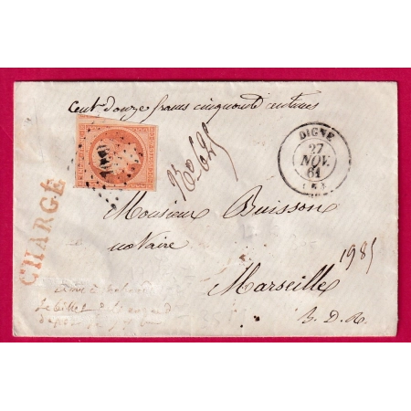 N°16 PC 1099 DIGNE BASSES ALPES LETTRE CHARGE POUR MARSEILLE COVER FRANCE