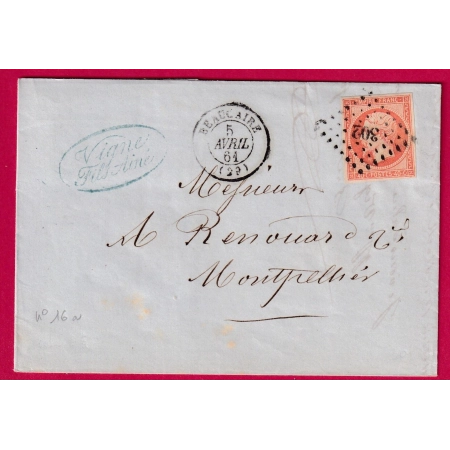 N°16 PC 302 BEAUCAIRE GARD 1861 POUR MONTPELLIER LETTRE COVER FRANCE