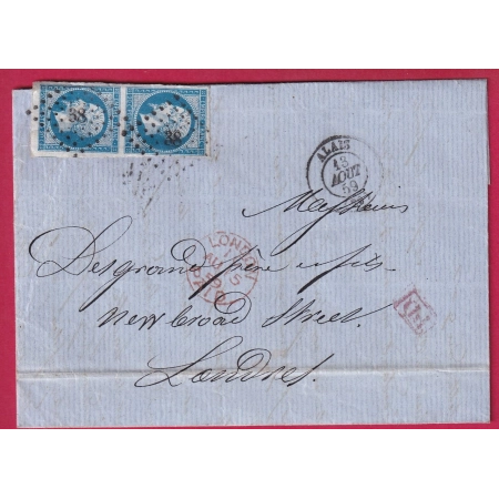 N°14 PAIRE PC 38 ALAIS GARD POUR LONDRES ANGLETERRE 1859 LETTRE COVER FRANCE