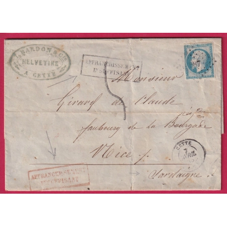 N°14 PC 687 CETTE HERAULT TAXE 5 TAMPON POUR NICE ALPES MARITIMES ETATS SARDE AFFR INSUFF NOIR ET ROUGE LETTRE FRANCE