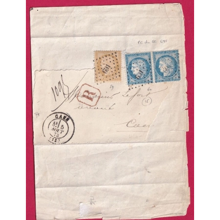 N°59 60 PAIRE PC DU GC 691 CAEN CALVADOS 1873 RECOMMANDE INDICE 15 LETTRE COVER FRANCE