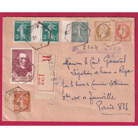 N°21 31 130 137 235 335 RECOMMANDE TOULOUSE UTILISATION TARDIVE VALISE DIPLOMATIQUE RIGA LETTONIE LETTRE COVER FRANCE