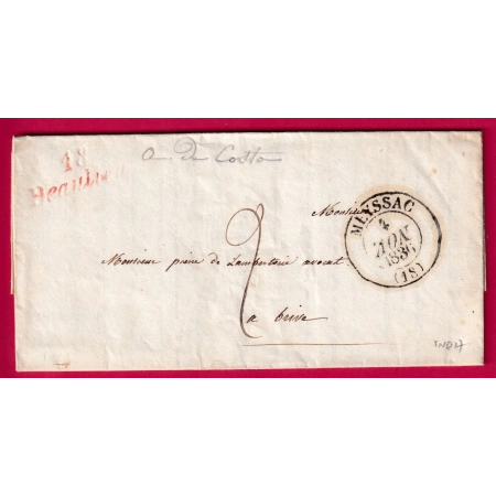 CURSIVE 18 BEAULIEU EN ROUGE CAD TYPE 13 METSSAC 1836 POUR BRIVE INDICE 17 LETTRE COVER FRANCE