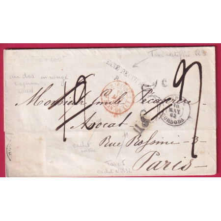 GRIFFE TAXE RECTIFIEE R 3 TAXES 5 12 PUIS 9 CORDOBA ESPAGNE 1863 POUR PARIS LETTRE COVER FRANCE