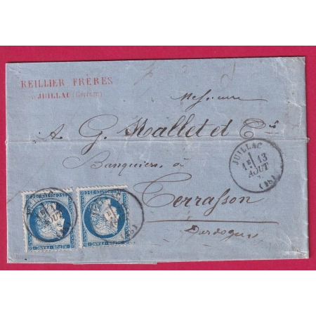 N°60 X2 CAD TYPE 16 JUILLAC CORREZE POUR TERRASSON DORDOGNE LETTRE COVER FRANCE