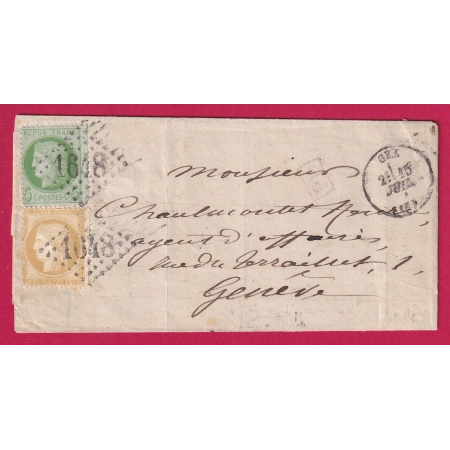 TARIF FRONTALIER N°53 59 GC 1648 GEX AIN POUR GENEVE SUISSE 1874LETTRE COVER FRANCE ETIQUETTE